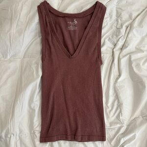 Free People Deep V-Neck Ribbed Tank - Burgundy